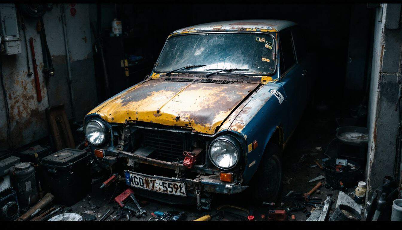 A rusted car with repair stickers in a cluttered garage setting.