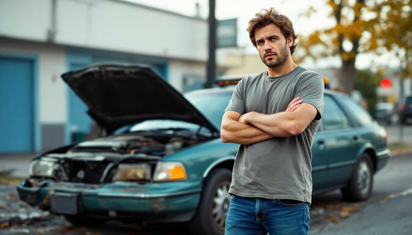 Frustrated car owner waits for help with broken-down car near mechanic shop.