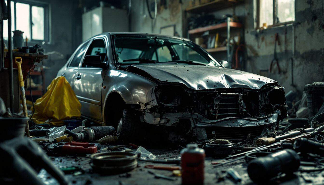 A broken-down car in a cluttered garage with scattered tools.