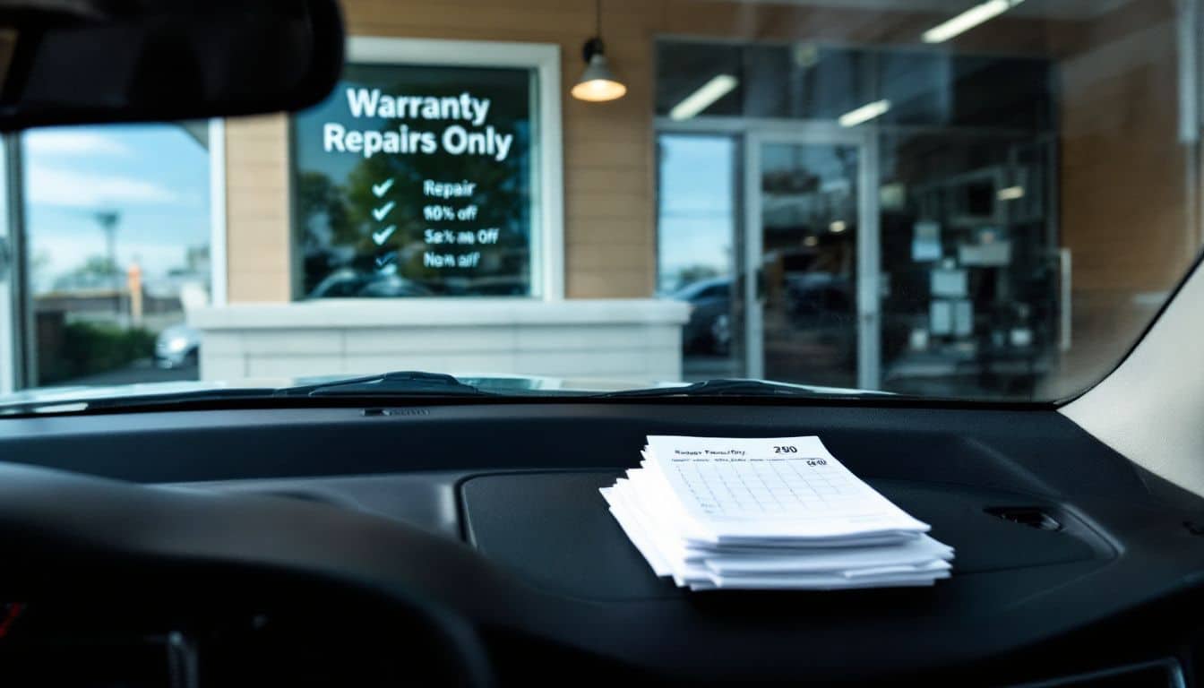 A car parked outside a shop for warranty repairs with a stack of repair receipts on the dashboard.