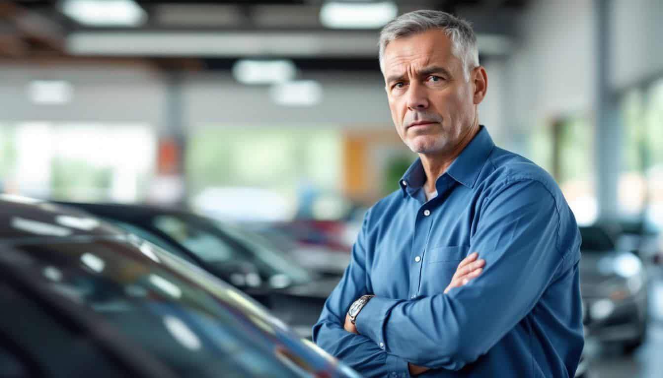 A frustrated man inspects a defective vehicle at a car dealership.