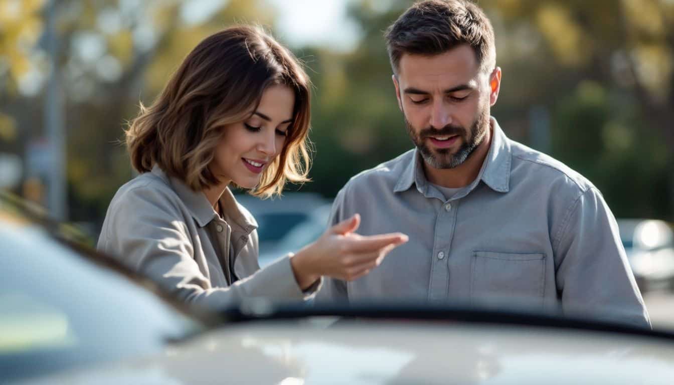 A couple examines a used car in a parking lot.