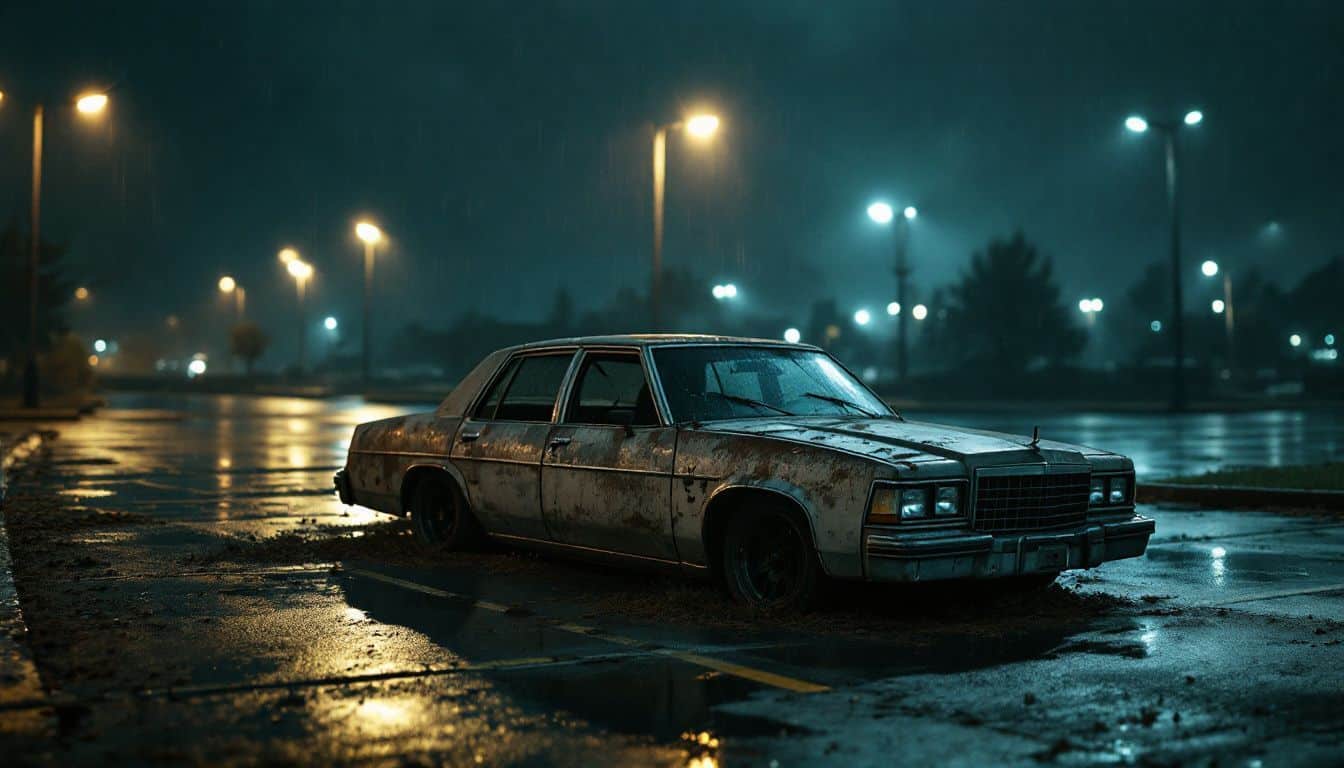 A worn, rusty sedan abandoned in an empty, rainy parking lot.