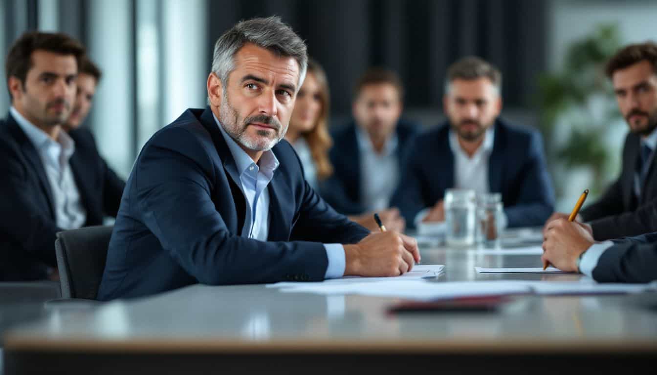 A middle-aged businessman in a navy suit sits at a conference table with serious-looking business partners.