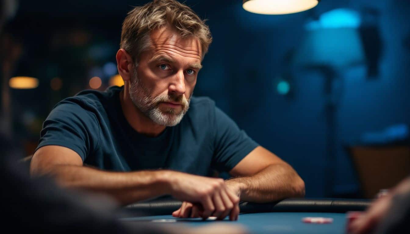 A focused man plays poker at a dimly lit table.