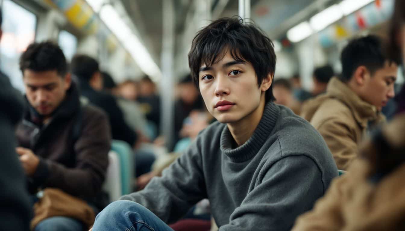 A person sits calmly in a crowded subway amidst bustling activity.