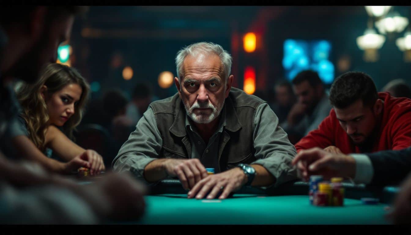 A middle-aged man sitting at a poker table with intense players.