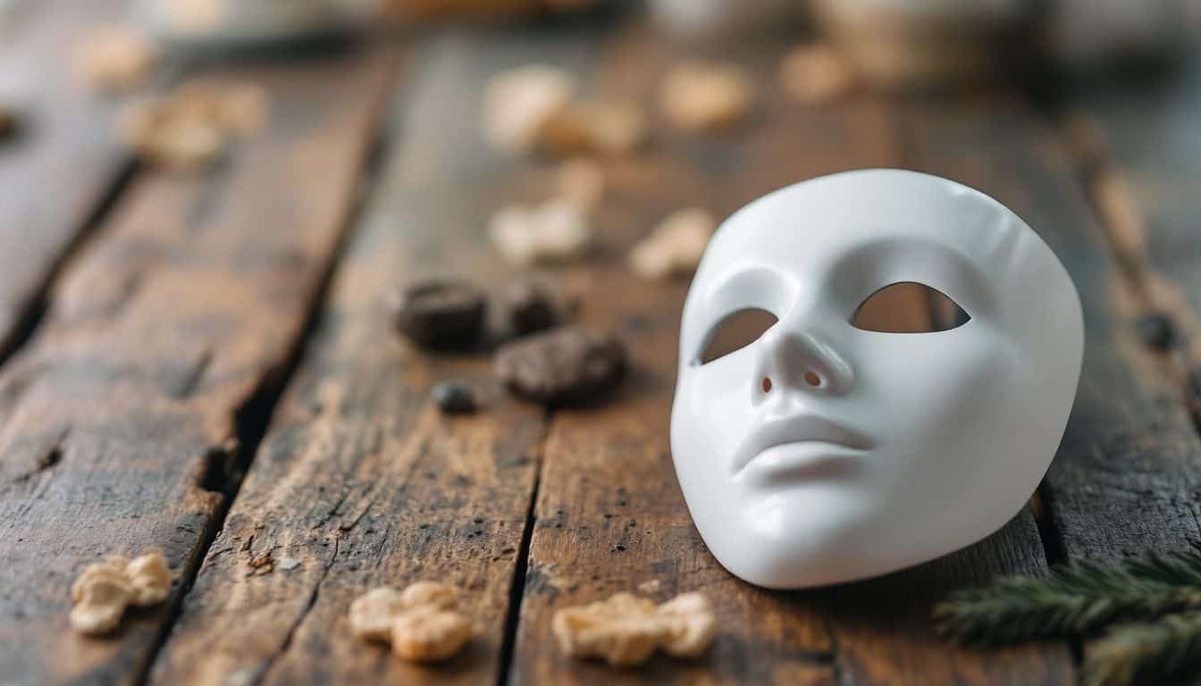 A white porcelain mask sits on a wooden table.