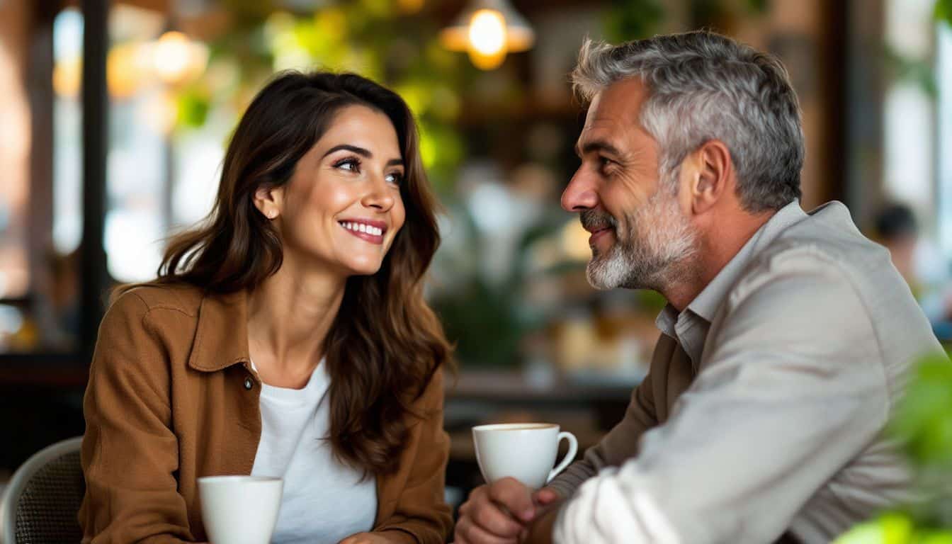 A middle-aged woman and man engaged in conversation at a café.