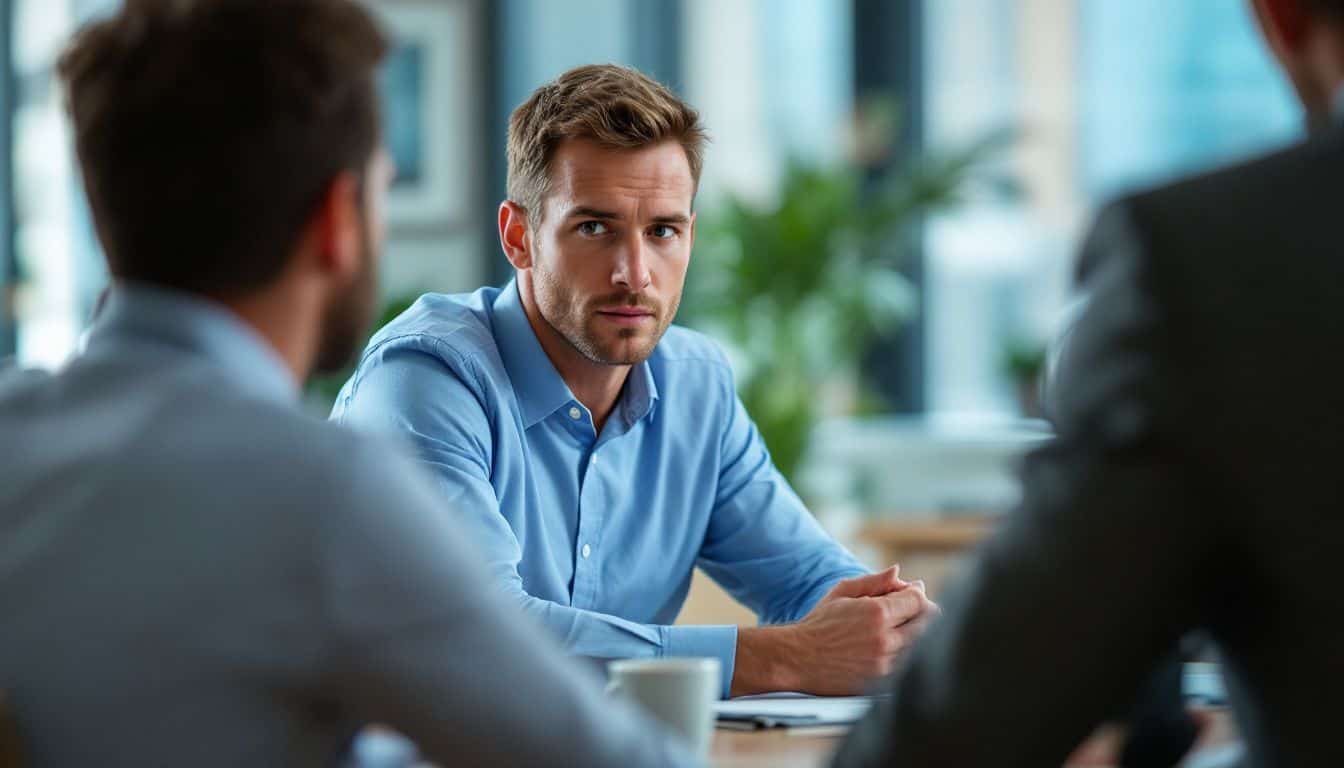 A focused man in his 30s sits at a conference table participating in a negotiation.