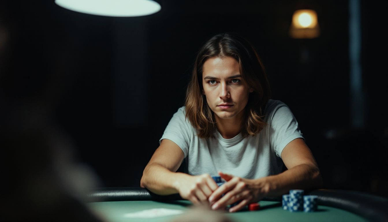 A person seated alone at a poker table with a serious expression.