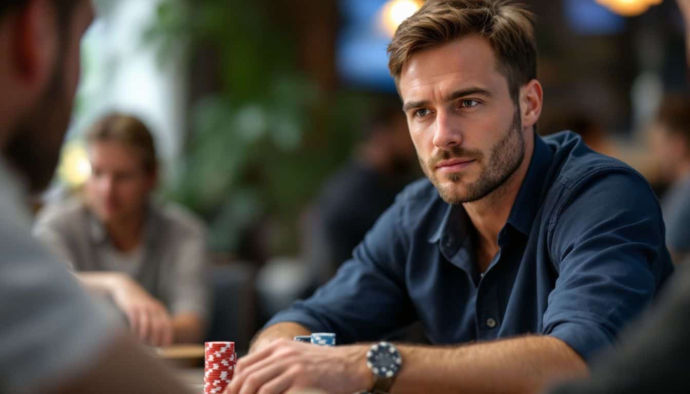 A focused man in his mid-30s engages in a high-stakes poker game.