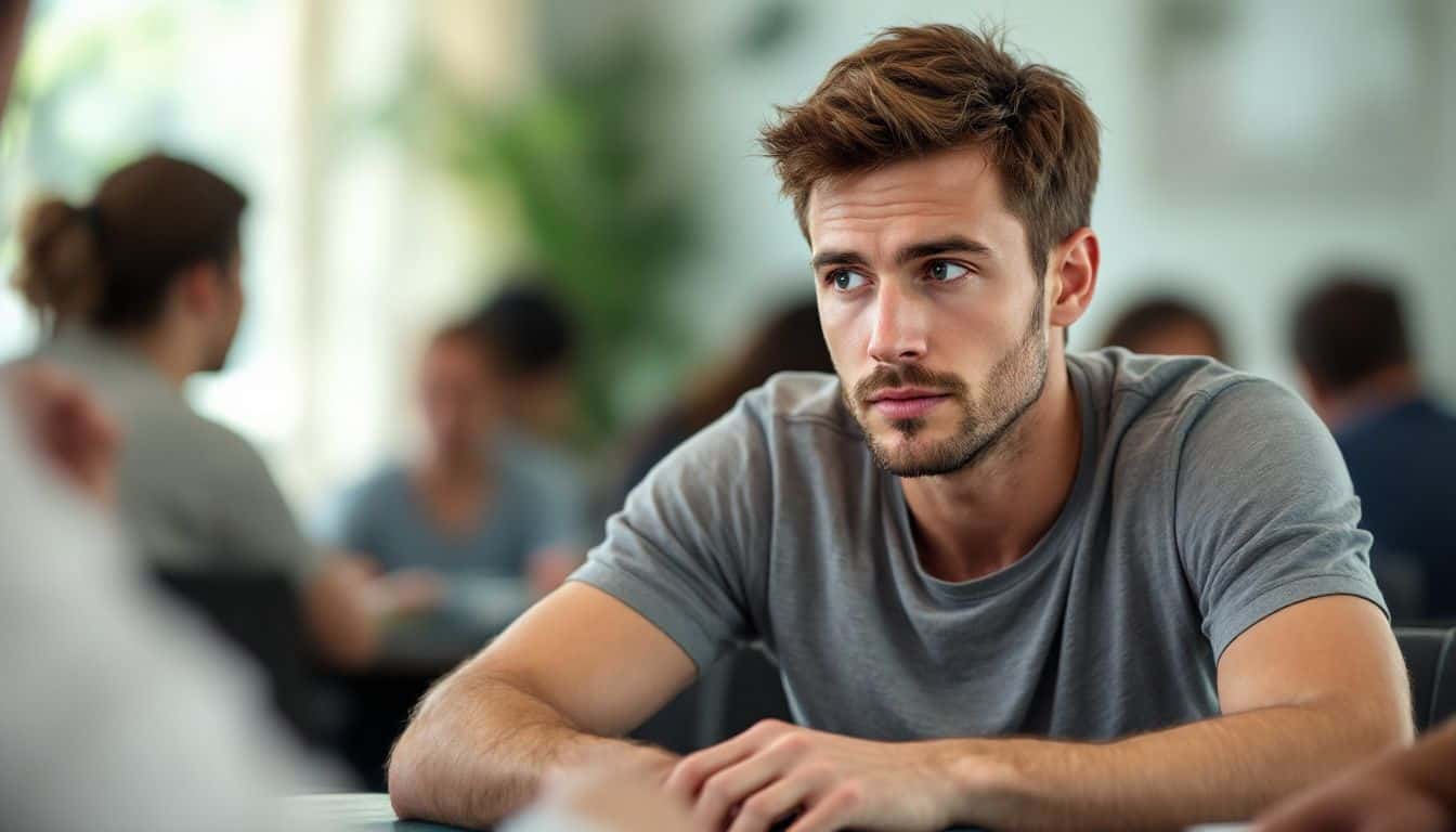 A focused man in his 30s playing poker with intense concentration.