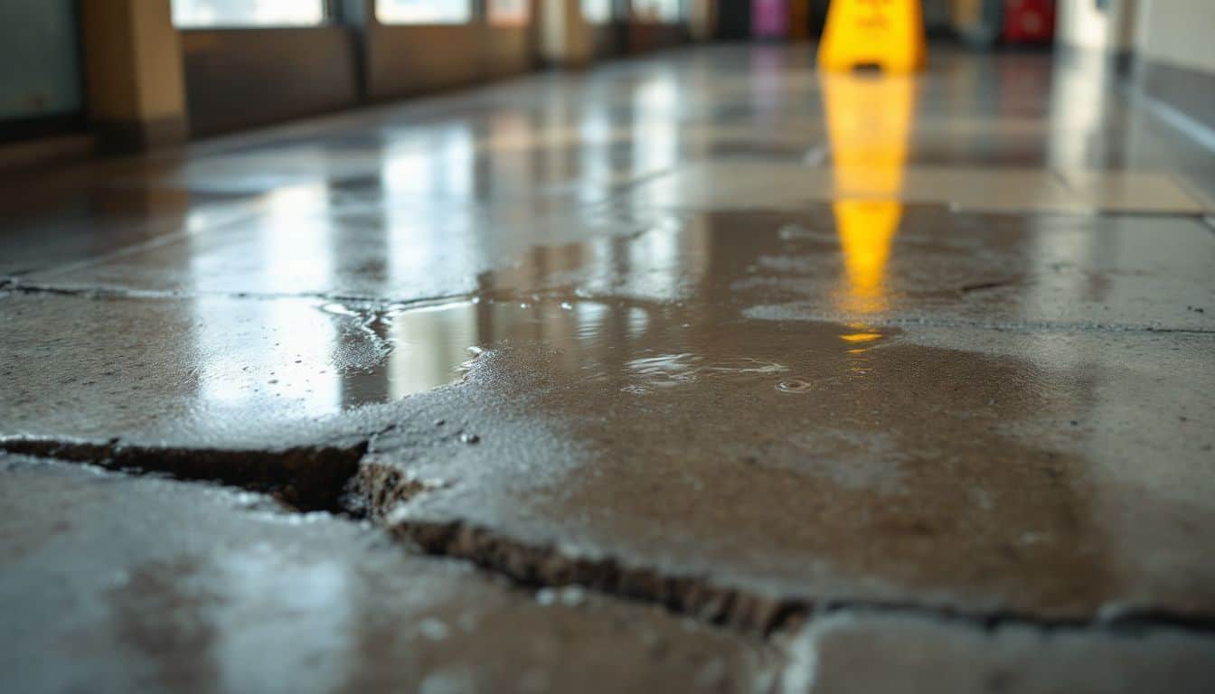 A close-up photo of a wet floor with a spill and potential tripping hazards.