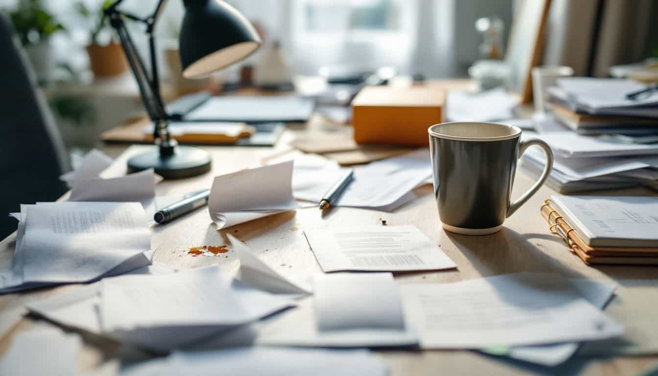 A cluttered office desk with scattered papers and a spilled coffee mug.