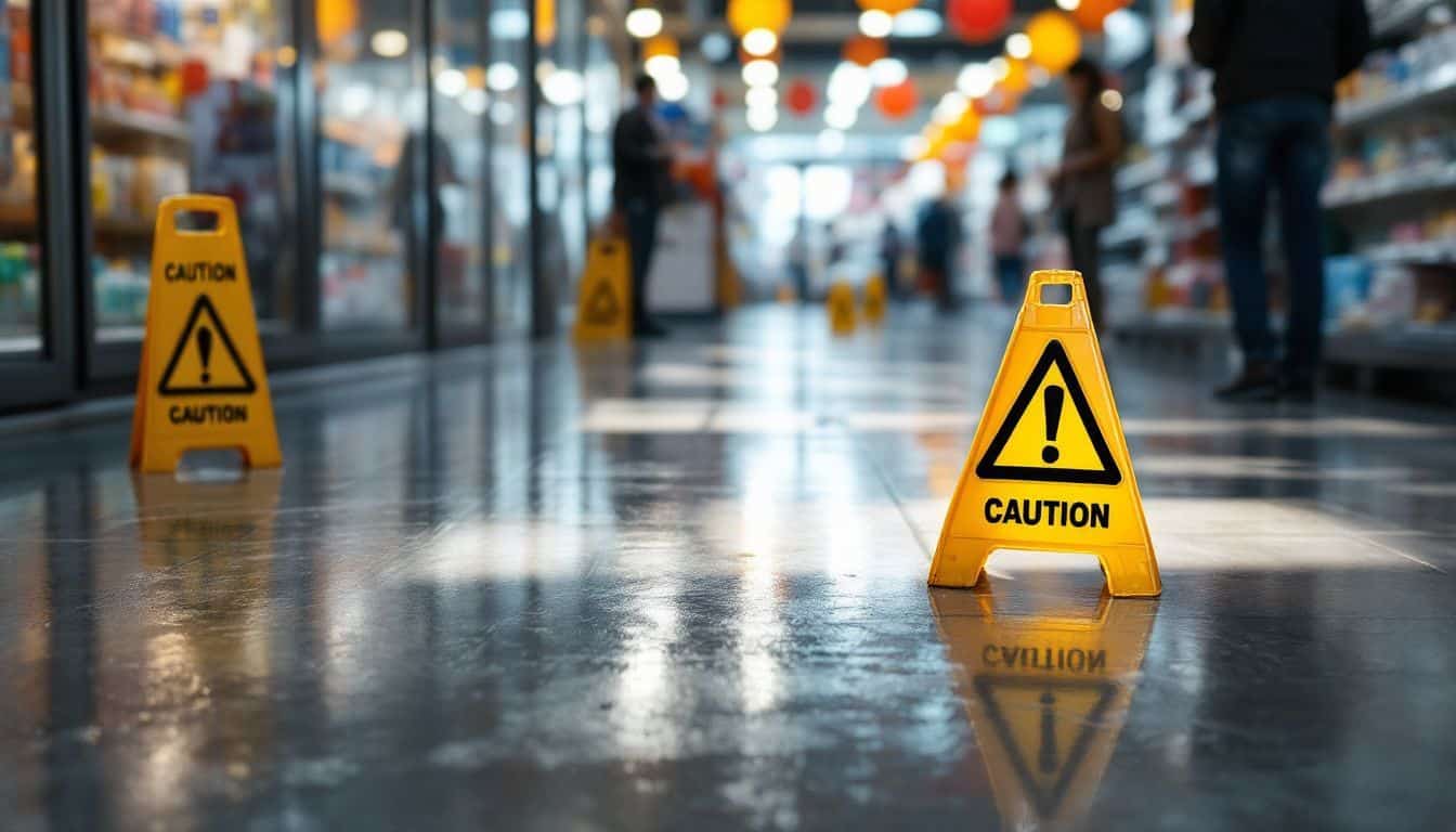 Caution signs placed on wet store floor to prevent accidents.