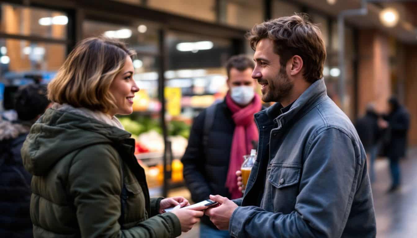 Two individuals exchanging contact information after a grocery store incident.