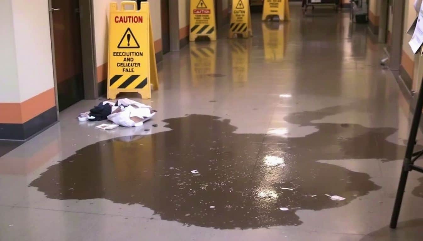 Caution signs and scattered items indicate a slip and fall accident.