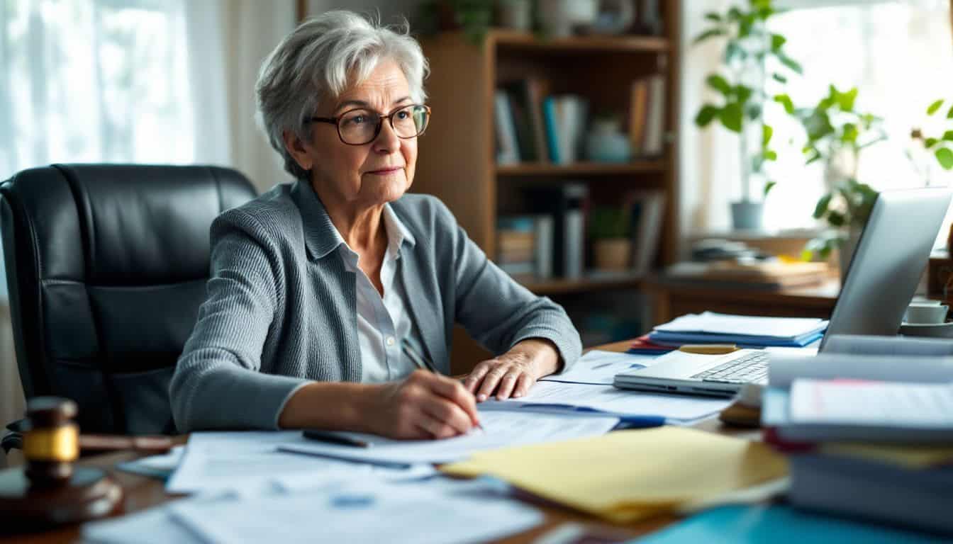 An elderly woman works on drafting a lawsuit complaint at her desk.