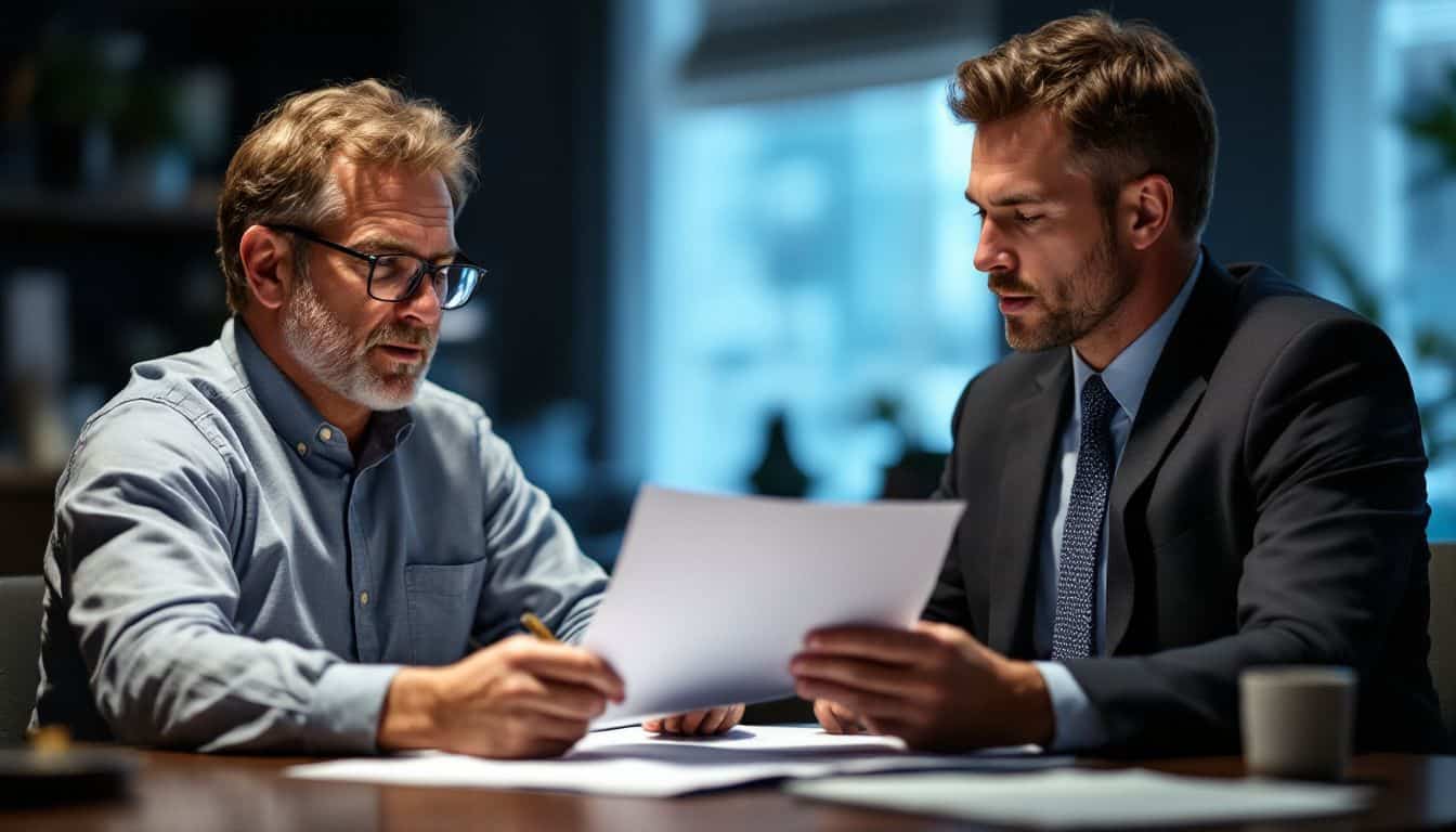 A man and a lawyer discussing slip and fall lawsuits.