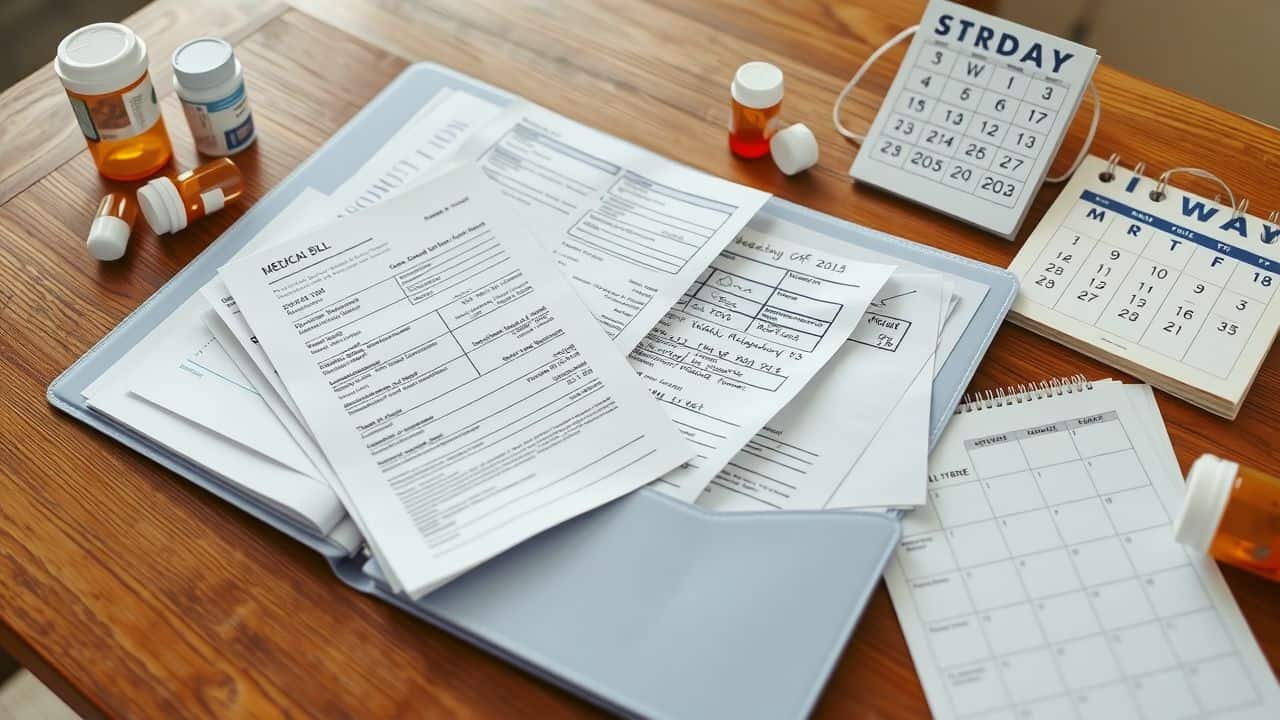 A cluttered table with medical documents, pill bottles, and a calendar.