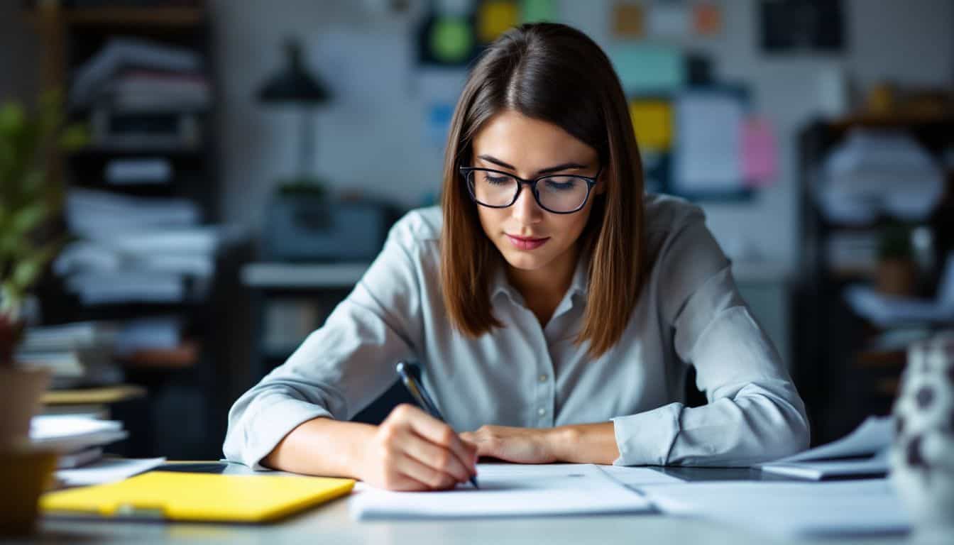 A woman in her mid-30s is writing a detailed report at her desk in a busy office.