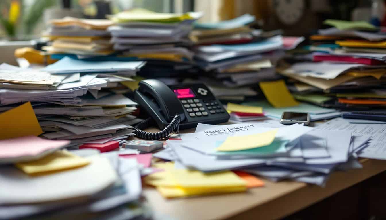 A cluttered office desk with stacks of paperwork, folders, and sticky notes.