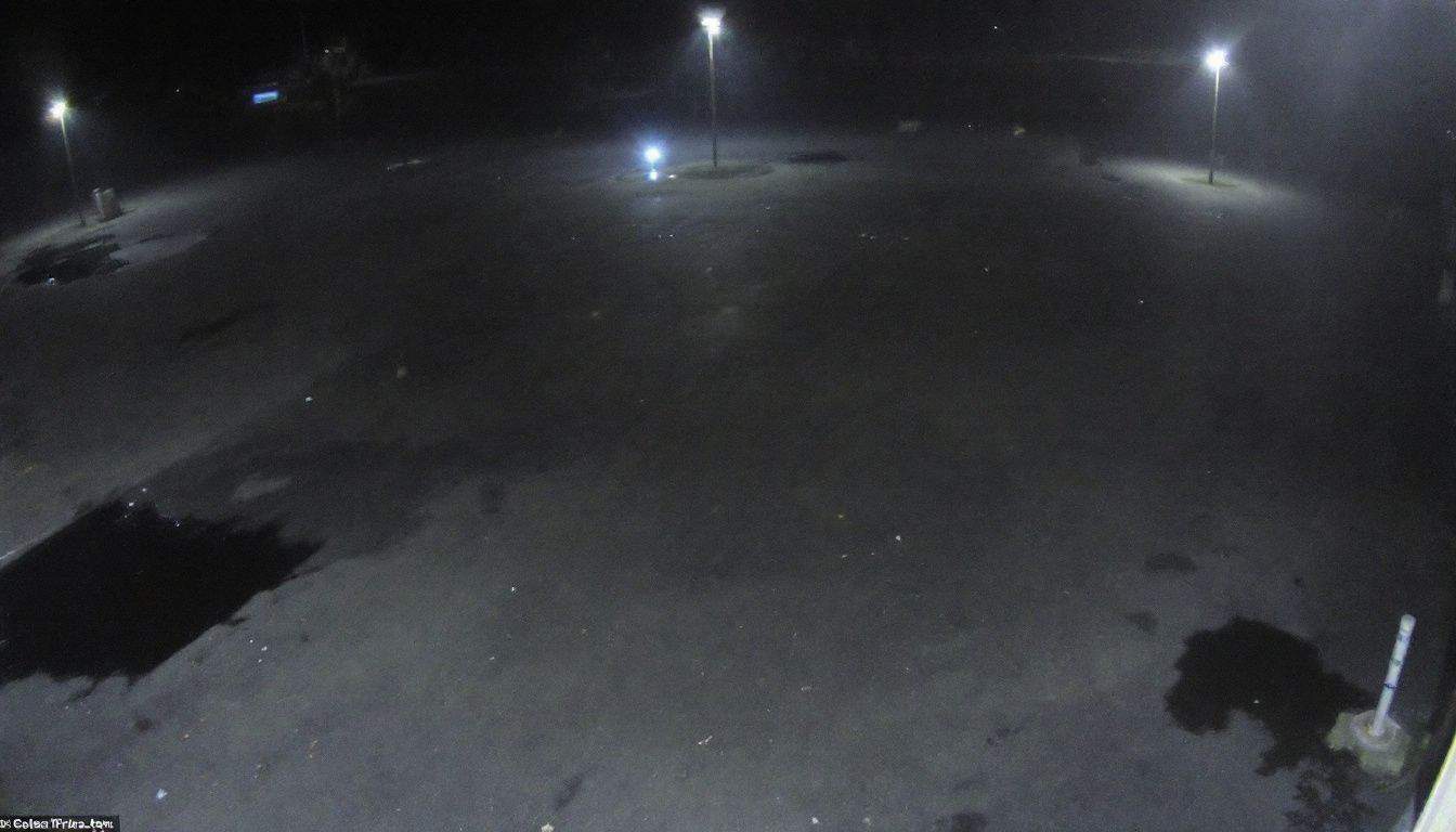 An empty parking lot at night with a security camera.