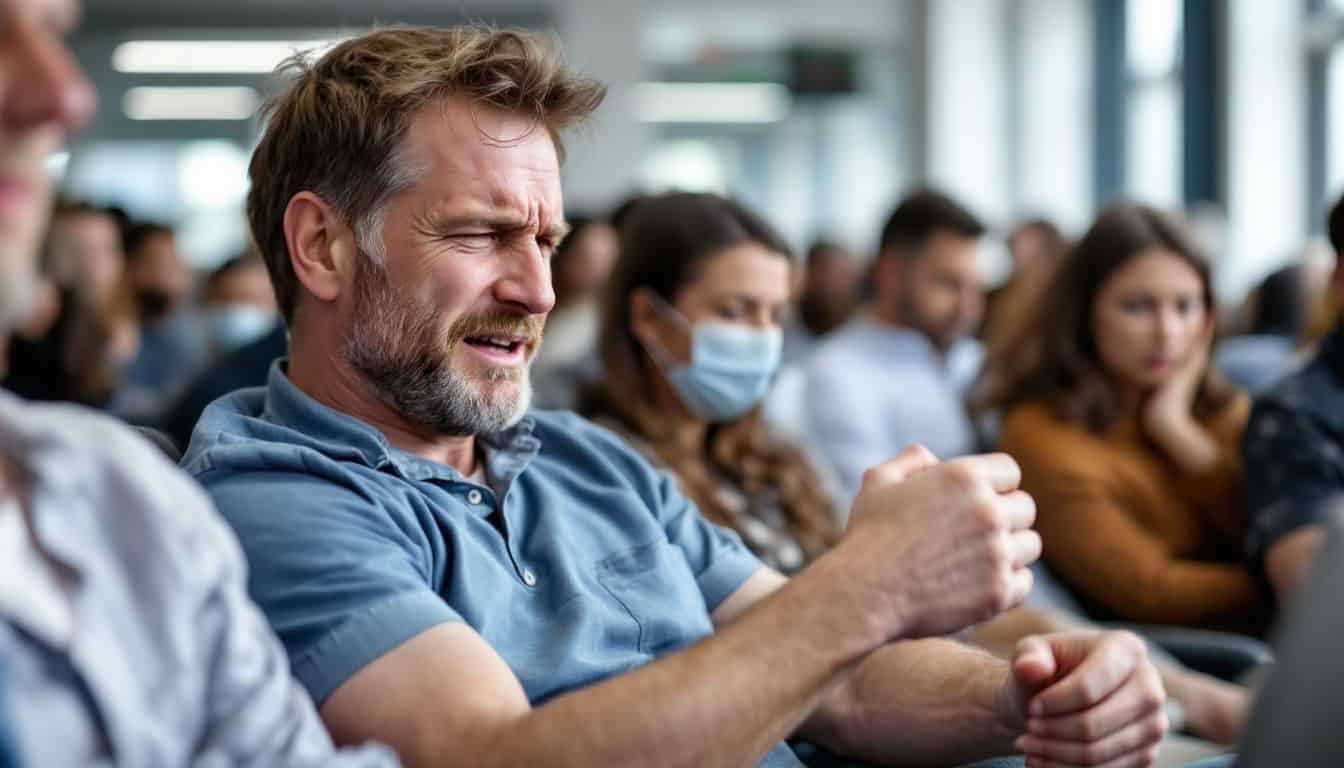 A man in his mid-30s sits in a crowded emergency room with a pained expression, holding his wrist.