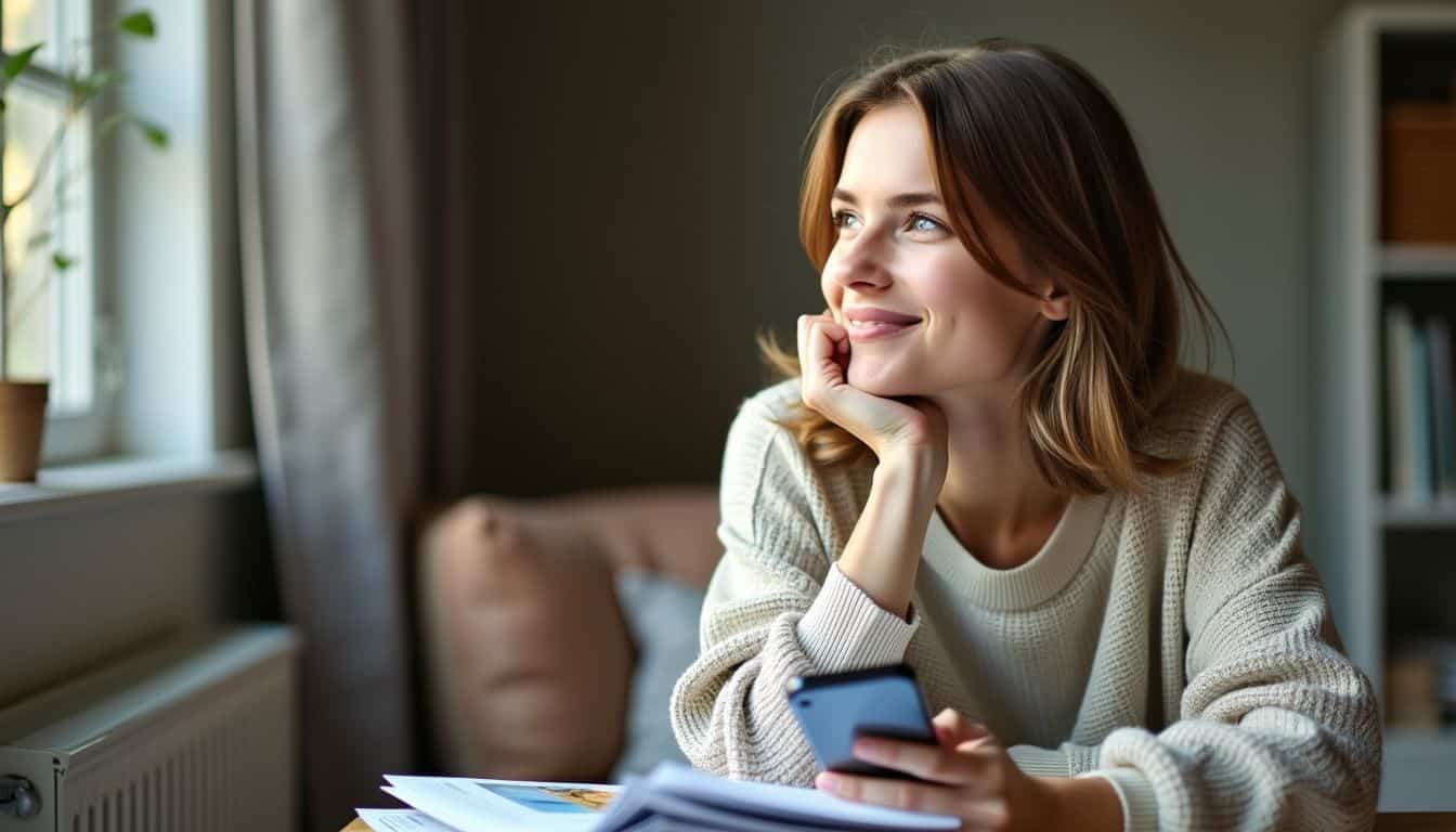 A young woman sits in a cozy room, researching and planning.