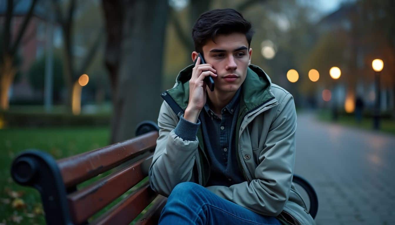 A young adult sits on a park bench, calling law enforcement.