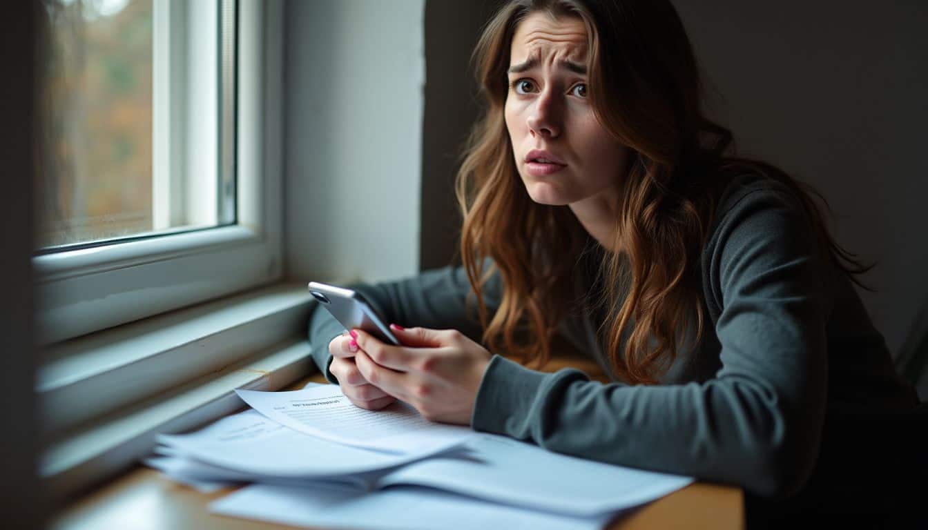 A concerned young woman sits in a dimly lit room with safety resources.