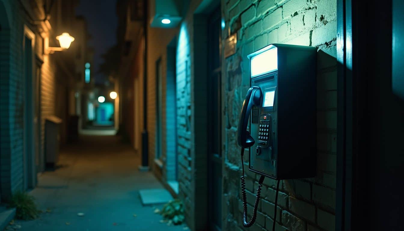 Anxiety-inducing alleyway with illuminated payphone emphasizes need for communication in crisis.