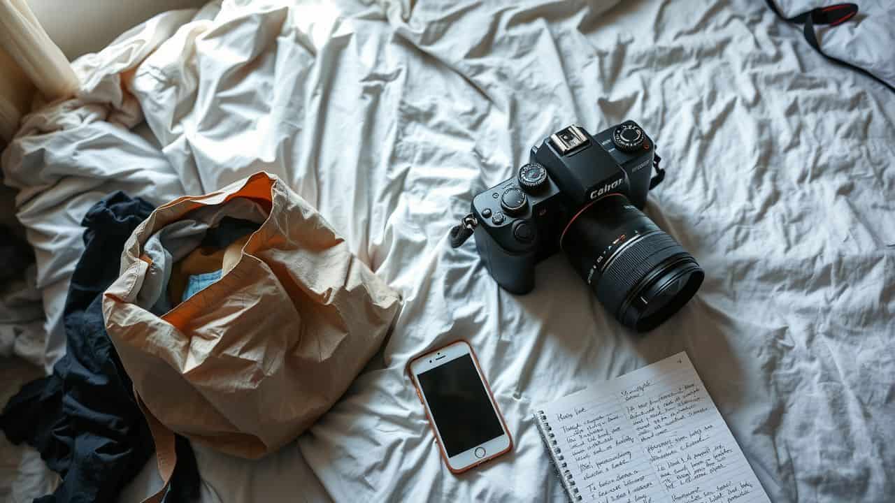 A bedroom with evidence of assault, including a camera and notes.