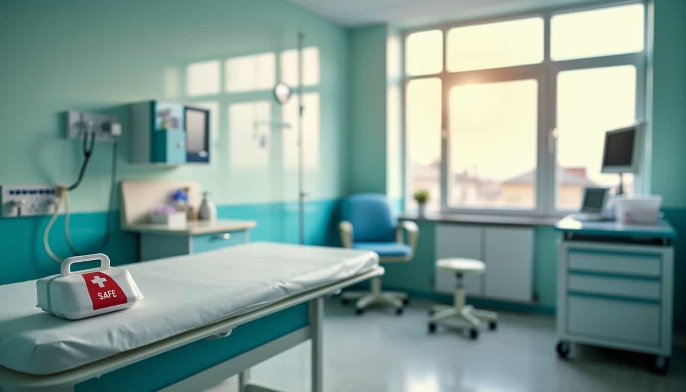 A well-lit hospital examination room with neatly arranged medical equipment.