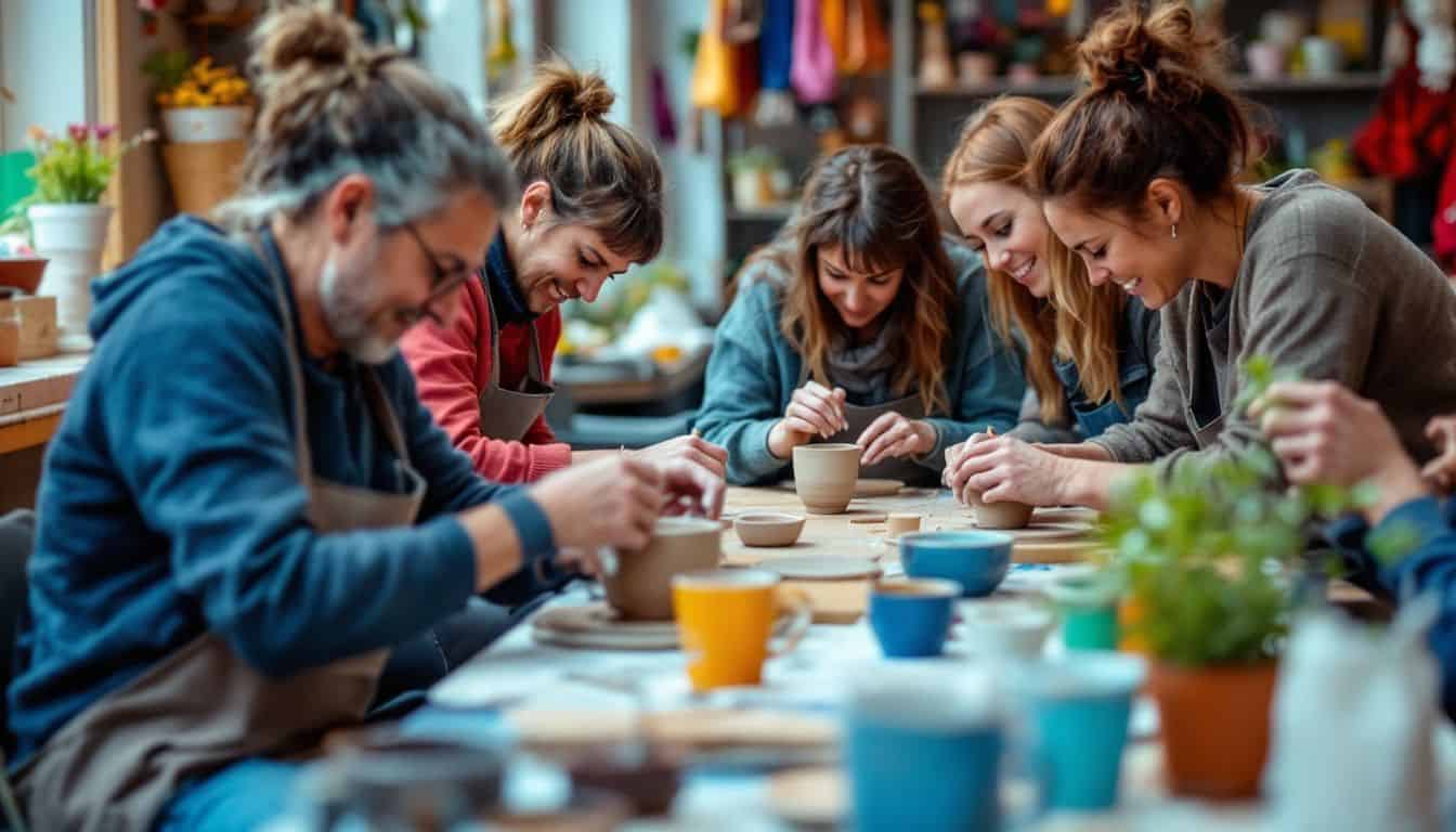 A group of adults creating ceramics at The Mudd House pottery workshop.