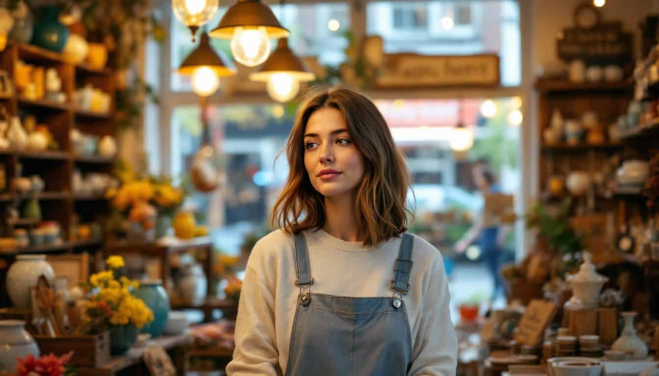 A woman browsing handmade items in a cozy boutique store.