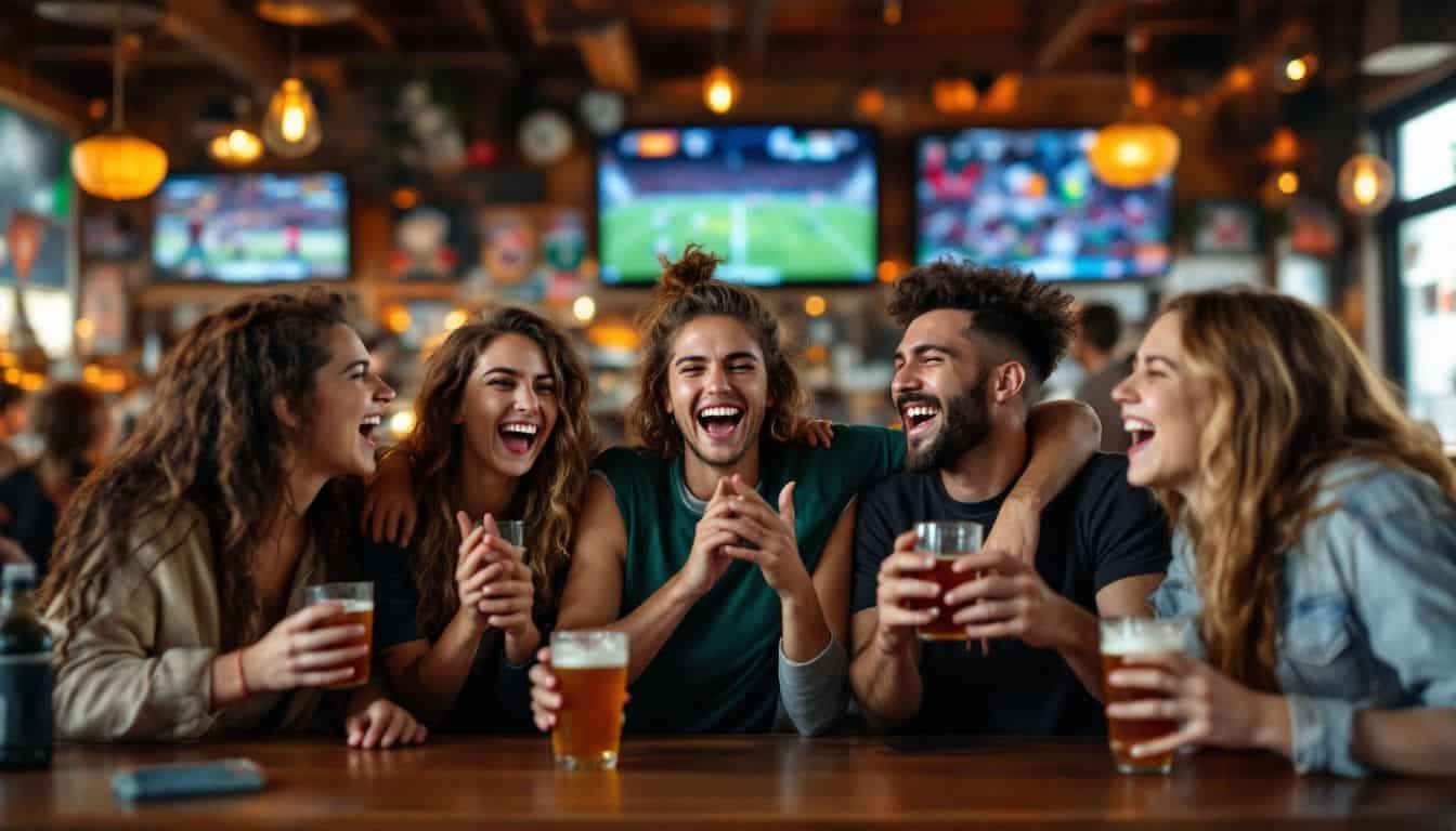 A diverse group of young adult sports fans cheering in a sports bar.