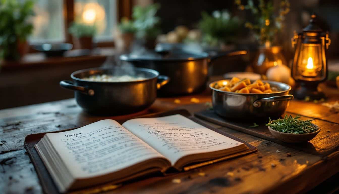 A cozy kitchen on a rainy day with a rustic table and recipe book.