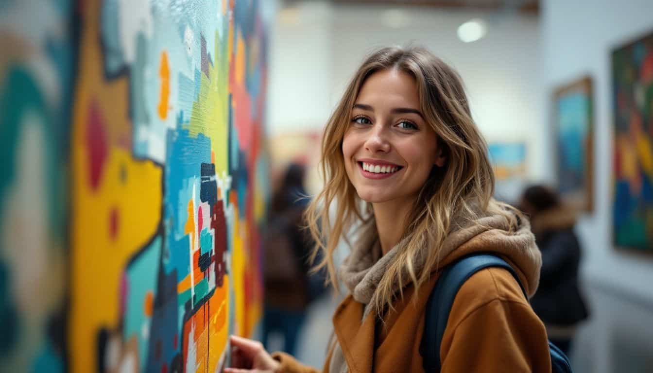 A woman admires an abstract painting in a modern art museum.