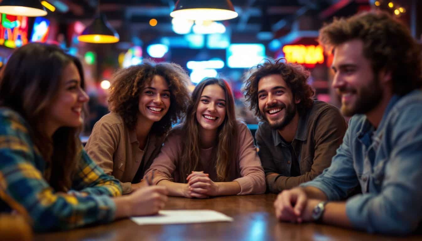 A group of young adults enjoying trivia night at a sports bar.