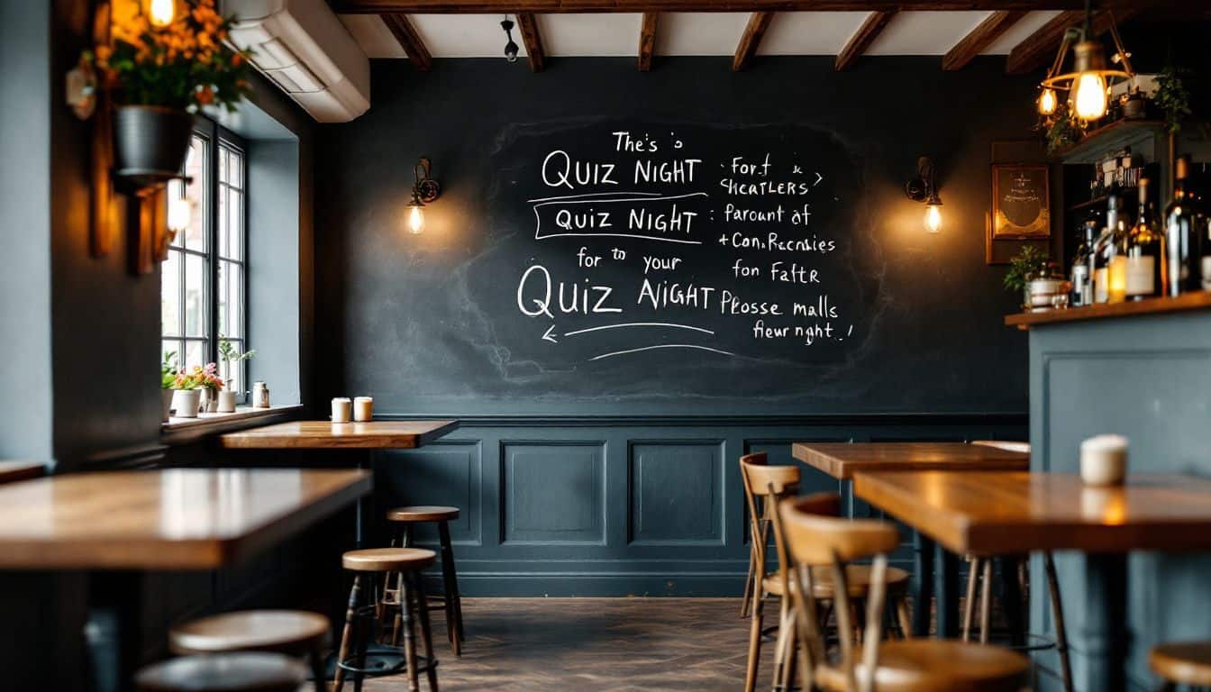 A cozy pub interior with wooden furniture and a quiz night.