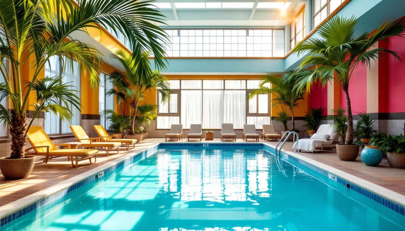 An inviting indoor hotel pool with vibrant colors and cozy loungers.