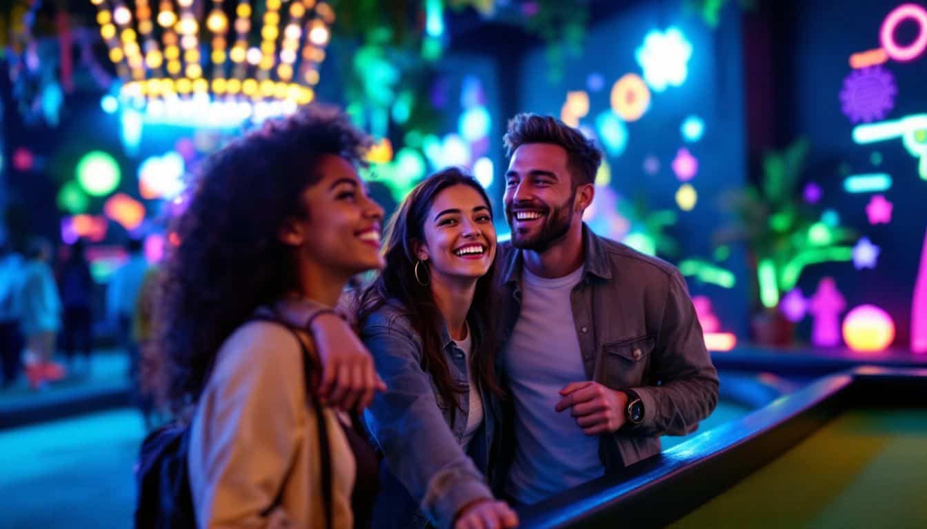 A group of friends in their late twenties enjoy glow-in-the-dark mini-golf.