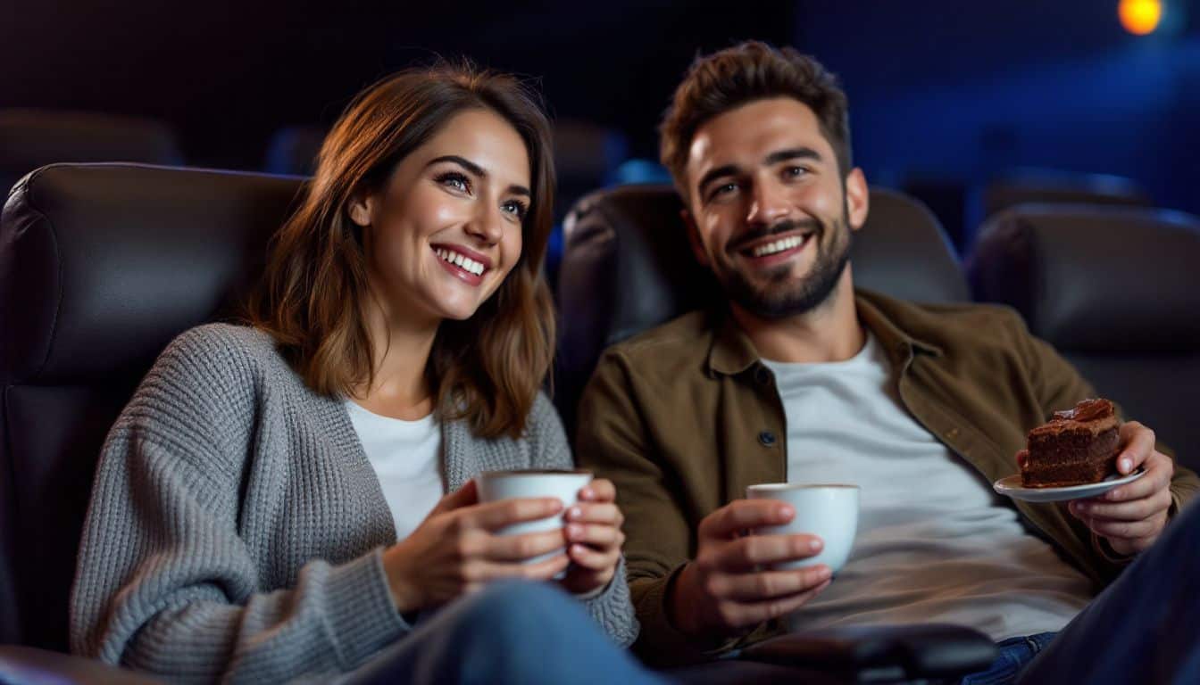 A couple in their 30s enjoying movie night at a local cinema lounge.