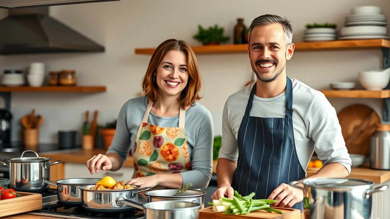 A couple enjoys a gourmet cooking class together in a cozy kitchen.