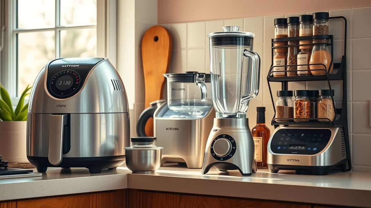 A modern kitchen counter with trendy gadgets like air fryer, blender, and spice rack.