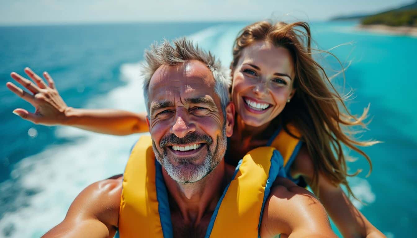 A middle-aged couple happily parasailing over bright blue waters on a sunny day.