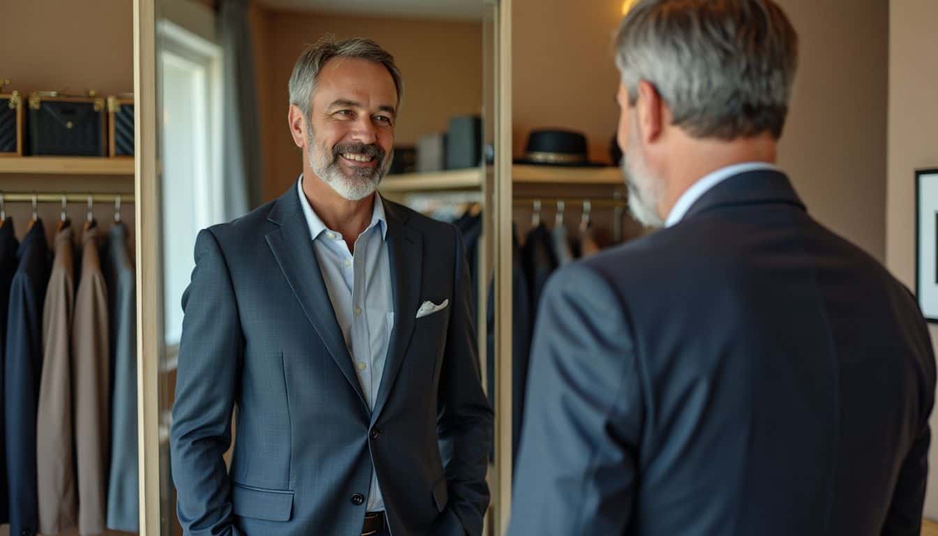 A middle-aged man confidently tries on a tailored suit in a high-end dressing room.