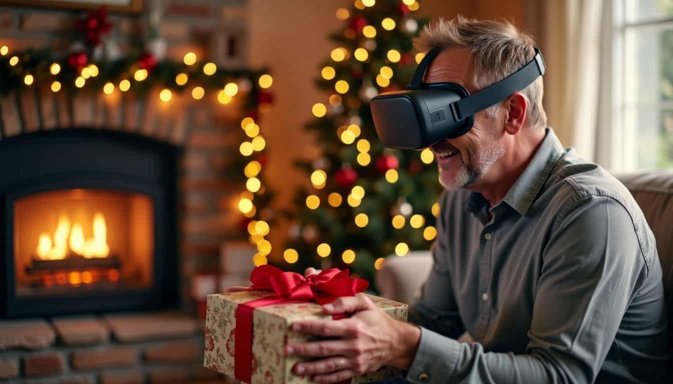 A man unwraps a virtual reality headset as a gift.